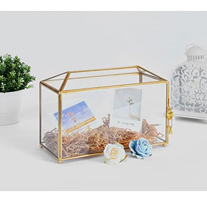 Glass Wedding Card Box with Lock, 12.6x5.9x9 inches Large Gold Card Boxes for Wedding Reception, Keepsake Display, Graduation, Party Centerpiece Decorative Box - size: 12.6 x 5.9 x 9 Inches without Arch