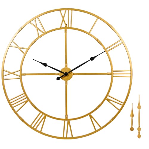 40in Large Silent Wall Clock, Easy Assembly Roman Numeral Gold | Non-ticking metal farmhouse wall clock, easy assembly, oversized living room decorative decor - color: Gold Metal Wall Clock, size: 40inch