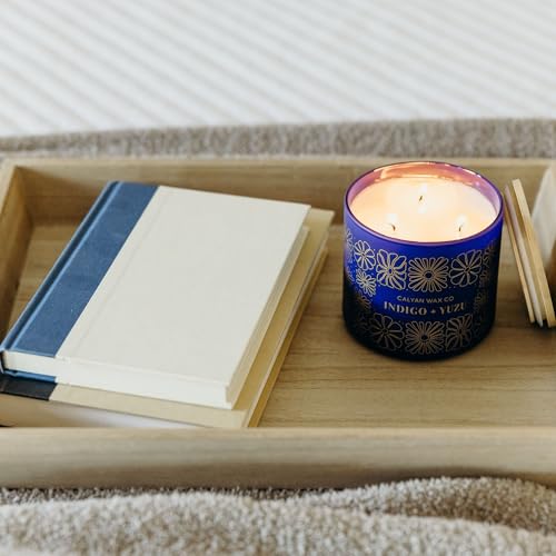 Indigo & Yuzu 3 Wick Scented Candle - 43 Hour Burn | Made in the USA Luxury Clean Soy Wax Candles - Long Lasting Large Glass Jar Candle for Home - 3 Wicks - 14.9oz - color: Indigo + Yuzu
