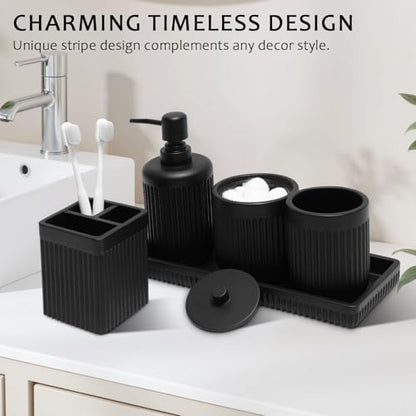 XLHOMO Matte Black Bathroom Sets with Shower Curtain and Rugs, 8-Piece Resin Bathroom Accessories Sets Complete, Soap Dispenser, Toothbrush Holder, Tumbler, Tray & Apothecary Jars Bathroom Essentials - color: Black, size: Resin Bath Set Complete