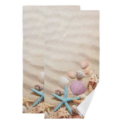 2 Pack Nautical Ocean Hand Towels for Bathroom,Soft Absorbent Summer Seashell Starfish on Beige Sand Coastal Beach Theme Decorative Guest Bathroom Towels,Quick Dry Dish Kitchen Towels 14"x28" - color: Beige