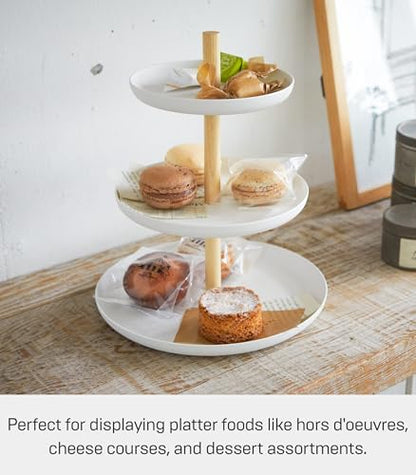 Yamazaki Home 3-Tier Food Serving Stand - Appetizer & Dessert Tray Party Organizer Steel + Wood White | 3-tier food serving stand & party organizer. Durable steel and wood construction. Display appetizers and hors d'oeuvres. - size: 7.9"
