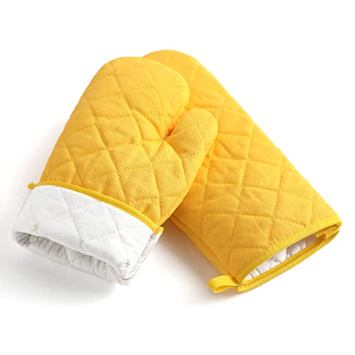 Oven Mitts and Pot Holders 4 pcs Set,High Heat Resistant 500 Degree Extra Thicken Long Kitchen Cotton Oven Glove for Cooking (12 Inch,Yellow) - color: Cotton-yellow