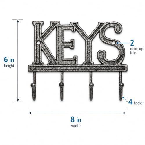 Comfify Gray Cast Iron Key Holder for Wall – Keys Sign with 4 Hooks | Neutral gray versatile finish; mounting hardware included; entryway, hallway or door; 6"H x 8"L; holds 8 keychains - color: Gray