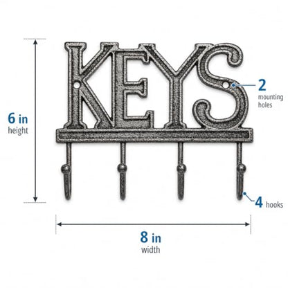 Comfify Gray Cast Iron Key Holder for Wall – Keys Sign with 4 Hooks | Neutral gray versatile finish; mounting hardware included; entryway, hallway or door; 6"H x 8"L; holds 8 keychains - color: Gray