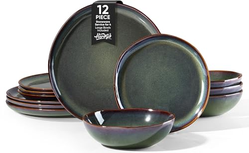 Herogo 12PCS Stoneware Dinnerware Sets, Plates and Bowls Dish Set for 4, Irregular Handmade Dinner Ware Dishware for Kitchen Dinning, Microwave & Dishwasher Safe, Lichen Green - color: Lichen Green, size: 4 Set (12pcs)
