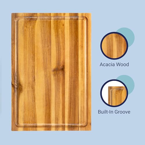 happimess Eldridge Medium 16" x 11" Acacia Cutting Board, Natural | Handcrafted, 1 Inch Thick, Reversible Design, Juice Grooves, Authentic Wood Grain, Rectangular, Farmhouse Style - color: Natural, size: 16"L x 11"W