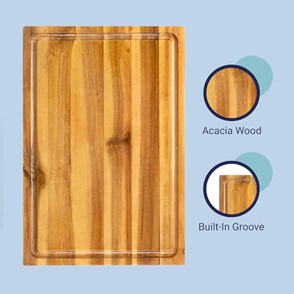 happimess Eldridge Medium 16" x 11" Acacia Cutting Board, Natural | Handcrafted, 1 Inch Thick, Reversible Design, Juice Grooves, Authentic Wood Grain, Rectangular, Farmhouse Style - color: Natural, size: 16"L x 11"W