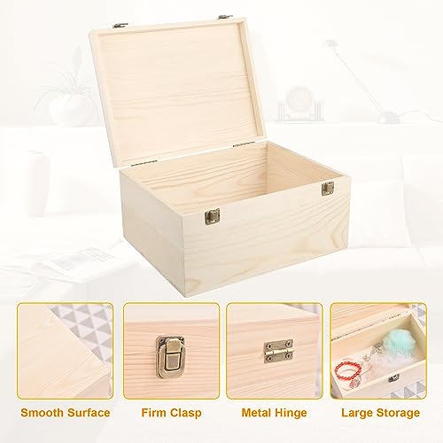Unfinished Wooden Box 12x9x5 Inch Natural Wood Storage Box | Large Craft Stash Boxes, Hinged Lid Front Clasp Case, DIY Keepsake Art Hobbies Jewelry Organizer, Plain Memory Trunk