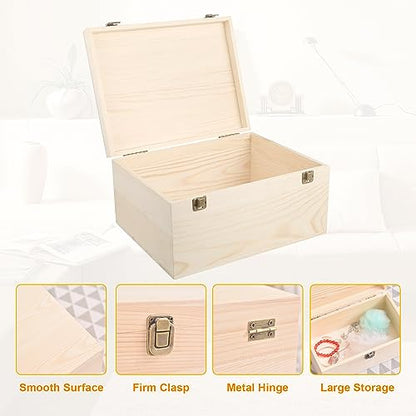 Unfinished Wooden Box 12x9x5 Inch Natural Wood Storage Box | Large Craft Stash Boxes, Hinged Lid Front Clasp Case, DIY Keepsake Art Hobbies Jewelry Organizer, Plain Memory Trunk