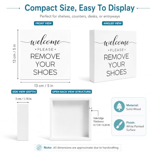 Welcome Remove Shoes Wood Box Sign, Minimalist "Please Remove Your Shoes" Decor Signs, Simple Black & White Block Sign For Beach House Entryway, Practical Summer Home Decor Gift, 4.9x4.9 Inch