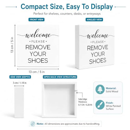 Welcome Remove Shoes Wood Box Sign, Minimalist "Please Remove Your Shoes" Decor Signs, Simple Black & White Block Sign For Beach House Entryway, Practical Summer Home Decor Gift, 4.9x4.9 Inch