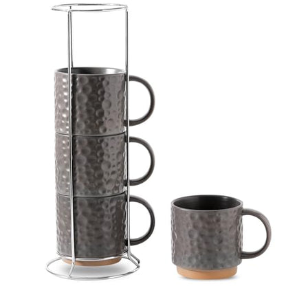 Nihow 16 Oz Ceramic Coffee Mug Set of 4 with Stackable Stand,Matte Gray | Stackable, Stainless Stand Included, Cappuccino & Tea, Hot/Cold Drinks, Dishwasher & Microwave Safe - color: Matte Gray, size: 16 oz With Stand