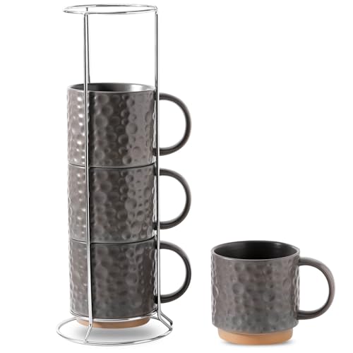 Nihow 16 Oz Ceramic Coffee Mug Set of 4 with Stackable Stand,Matte Gray | Stackable, Stainless Stand Included, Cappuccino & Tea, Hot/Cold Drinks, Dishwasher & Microwave Safe - color: Matte Gray, size: 16 oz With Stand
