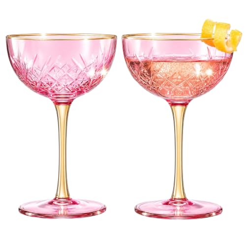 Vintage Art Deco Coupe for Champagne, Martini, Cocktails| Set of 2 | 7 oz Classic Cocktail Glassware - Manhattan, Cosmopolitan, Sidecar, Crystal Speakeasy Style Saucer Goblets with Stems (Pink) - color: Coupe Pink, size: Set of 2
