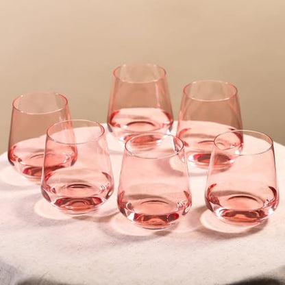 Physkoa Pink Stemless Wine Glasses Set of 6-17 oz Hand-Blown Crystal Pink Glassware with no Stem, Wedding, Birthday Gifts for Women Her Wine Lovers - color: Stemless Pink
