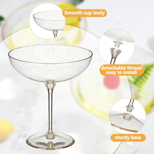 LemonRoad 24 Pcs Detachable Martini Glasses 9oz Disposable Plastic Coupe Cocktail Dessert Glassware Set for Champagne Wine Wedding Birthday Holiday Party Supplies (Transparent Gold Powder) - color: Transparent Gold Powder