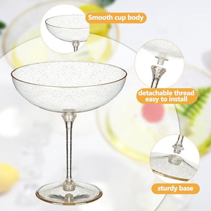LemonRoad 24 Pcs Detachable Martini Glasses 9oz Disposable Plastic Coupe Cocktail Dessert Glassware Set for Champagne Wine Wedding Birthday Holiday Party Supplies (Transparent Gold Powder) - color: Transparent Gold Powder