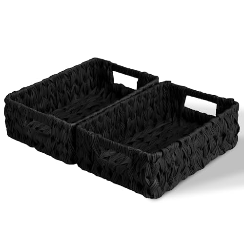 GRANNY SAYS Wicker Storage Baskets for Shelves, Black Wicker Basket, 2-Pack | Waterproof Woven Baskets for Storage, Decorative Basket, Wicker Baskets for Organizing, organizer Basket, Black Woven Basket - color: Black, size: 11¼"L x 7½"W x 3½"H
