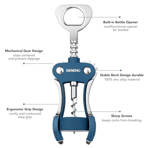 Beneno Wine Opener, Premium Wing Corkscrew Wine Bottle Opener, Blue | Durable Solid Zinc Alloy Body, Precise Sharp-Edged Screw, Ergonomic Non-Slip Grip Wing Handle, Multifunctional Bottle Openers - color: Blue