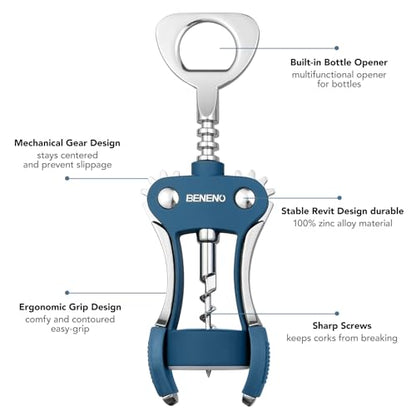 Beneno Wine Opener, Premium Wing Corkscrew Wine Bottle Opener, Blue | Durable Solid Zinc Alloy Body, Precise Sharp-Edged Screw, Ergonomic Non-Slip Grip Wing Handle, Multifunctional Bottle Openers - color: Blue
