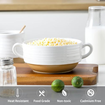 HASENSE Ceramic Soup Bowls with Handles Set of 2, 20 Oz French Onion Soup Crocks, Stackable Serving Bowls for Chili, Stew, Cereal & Pasta, Microwave Dishwasher Safe, White - color: White, size: Set of 2