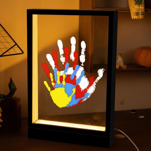 CHERRY CHEERS Family Handprint Kit with Light, Handprint Keepsake Frame, Wooden Led Light, Easy Install, No Need Screw etc, Non-Toxic Paints (Black) - color: Black