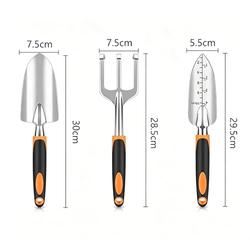 Stainless Steel Garden Tool Set，3 Pieces, Including Hand Shovel & Transplant Shovel & Hand Rake with Non-Slip Soft Ergonomic Handle (Orange) - color: orange