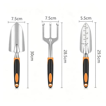 Stainless Steel Garden Tool Set，3 Pieces, Including Hand Shovel & Transplant Shovel & Hand Rake with Non-Slip Soft Ergonomic Handle (Orange) - color: orange