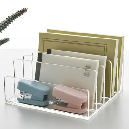 5 Compartments Clear Acrylic Mail Holder – Vertical Letter Sorter & Multifunction Desk Organizer for Bills, Documents, Notebooks – Modern Office/Home Envelope File Rack - size: 5 Compartments