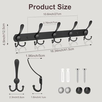 YUNISS Coat Rack Wall Mounted，5 Tri Stainless Steel Coat Hook for Coat Hat Robes Towel in Mudroom Entryway (Black, 1 Pack 5 Hook) - color: Black, size: 1 Pack 5 Hook
