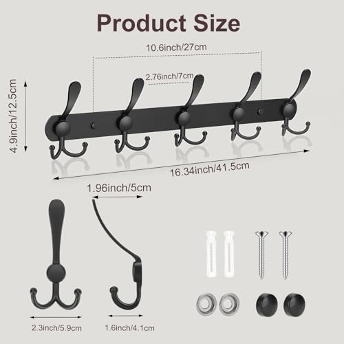 YUNISS Coat Rack Wall Mounted，5 Tri Stainless Steel Coat Hook for Coat Hat Robes Towel in Mudroom Entryway (Black, 2 Pack 5 Hook) - color: Black, size: 2 Pack 5 Hook