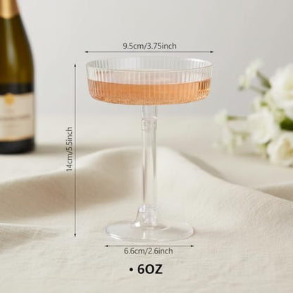 24 Pack 6oz Plastic Martini Glasses, Ribbed Coupe Glasses Set, Disposable Vintage Cocktail Cups for Champagne Tower, Wedding, Birthday, Party & Event Glassware