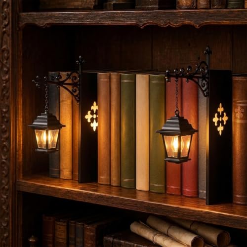 Library Lantern Mini Bookshelf Lamp, Vintage Led Miniature Hanging Lantern for Bookshelf, Wireless Book Nook Lamp with Bookends Decorative, for Home Library, Study and Reading Corner (2Pc-A) - color: 2Pc-A