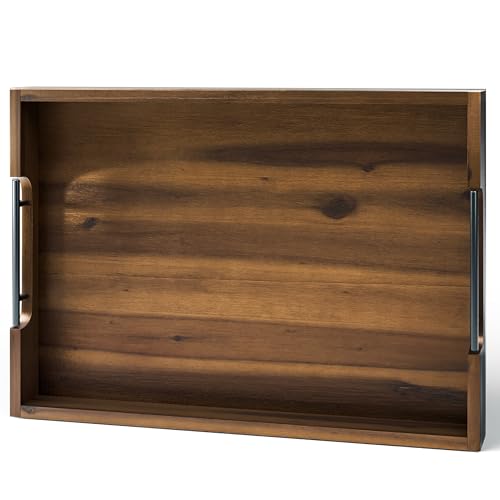TIDITA 20"x14" Wooden Large Serving Tray, Walnut Color, Metal Handles | Acacia Wooden Tray for Ottoman, Wooden Ottoman Tray for Living Room, Decorative Trays for Coffee Table, Non-slip Pads - color: Walnut Color