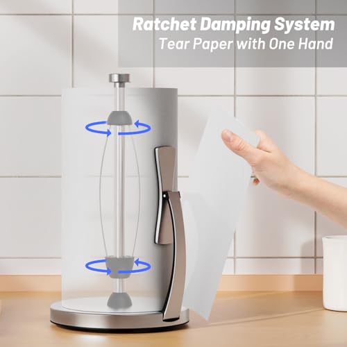 VEHHE Paper Towel Holder Countertop, Paper Towel Holder with Spring Activated Arm and Damping Effect, Simply Tear Paper Towel Stand for Bathroom and Kitchen (Silver) - color: Silver, size: Suction Base