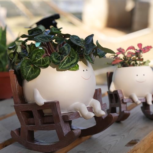 Smily Face Planter Pot Cute Resin Flower Head Planters for Indoor Outdoor Plants Unique Sitting Rocking Chairs Succulent Pots for String of Pearls Plant Live Gift Ideals with Drainage Hole - size: Large