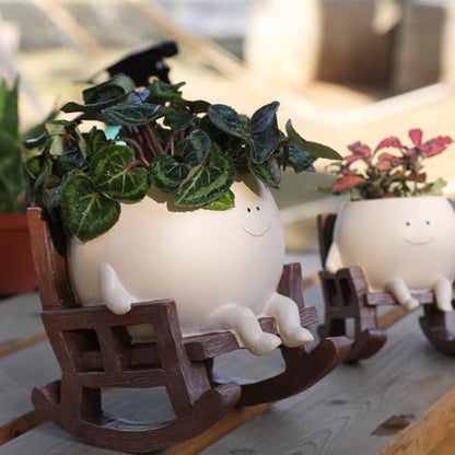 Smily Face Planter Pot Cute Resin Flower Head Planters for Indoor Outdoor Plants Unique Sitting Rocking Chairs Succulent Pots for String of Pearls Plant Live Gift Ideals with Drainage Hole - size: Large