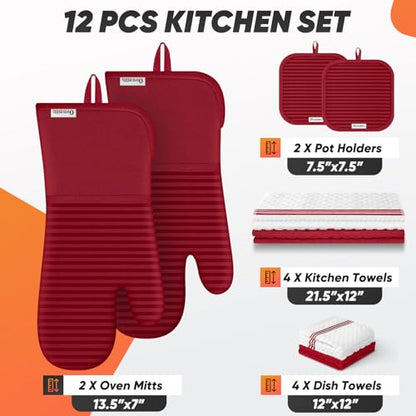 Oven Mitts Kitchen Towels and Dishcloths with Pot Holders Sets, Oven Gloves Hot Pads 500°F Heat Resistant with Silicone Grip, Include 2 Cooking Gloves/2 Potholders/4 Kitchen Towels/4 Dish Towels-Red - color: Red