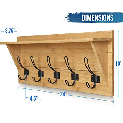 HBCY Creations Rustic Wall Mounted Coat Rack with Shelf - Solid Wood 24" Entryway Shelf with 5 Coat Hangers. Perfect Touch for Your Entryway, Mudroom, Kitchen, Bathroom and More, Bamboo - color: 4- Bamboo