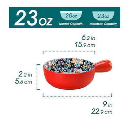 vancasso Boho 23 Oz French Onion Soup Bowls with Handles, Ceramic, Set of 4 | Bohemian ceramic soup crocks with handles,Microwave & dishwasher safe,6.2 inch, 23 oz, For cereal, pasta, stew & chili