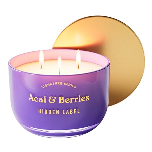 Hidden Label Acai Berries Candle, 18oz Soy 3-Wick, 70H Aromatherapy | Purple Gradient Decor | Triple Cotton Even Melt | Non Toxic Plant Wax | Mood Boost Energy | Gift Ready Gold Lid - color: Acai & Berries