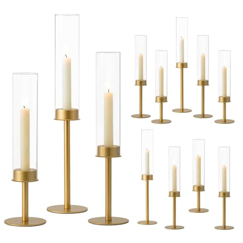 Hewory Gold Candlestick Holders: 12PCS Glass Hurricane with Brass Base | Elegant Tall Taper Candle Holders at 3 different heights, Table Centerpiece for Wedding, Party, Ralph Lauren Christmas Decor - color: Matte Gold, size: 12pcs