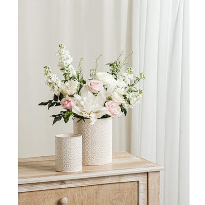 Utensil Holder Set of 2, 7.3”+5.2”Ceramic Utensil Crock Organizer | Farmhouse Countertop Storage, Embossed Pattern - color: Off-White Set of 2