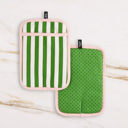 kate spade new york Botanical Stripe Pot Holder 2-Pack Set, 7" x 10", Green/Pink - color: Green/Pink