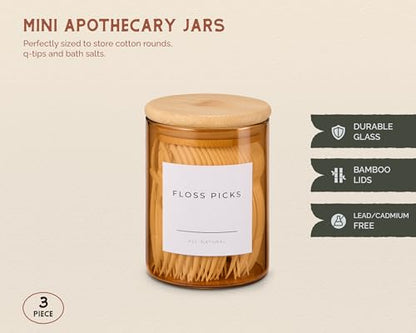 Mini Glass Apothecary Jars with Bamboo Lids, Small Bathroom and Kitchen Storage Containers, For Cotton Balls, Pads and Swabs, 10 oz, Set of 3 (Amber) - color: Amber