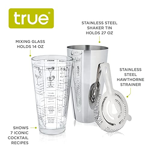 True 3-Piece Barware Set for Mixed Drinks and Cold Brew Cocktails, Includes Cocktail Shaker Tin, Cocktail Mixing Glass with 7 Printed Recipes, and Hawthorne Strainer, Home Bar Tools, Bartender Gifts - size: 3-Piece