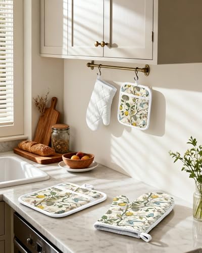 Miss Adola Cotton Oven Mitts and Pot Holders Sets, Lemon Songbird | Heat-resistant up to 350°F, Pure Cotton, Quilted Contact Surface, Stylish Design, with Hanging Loop, Ready to Gift Package - color: Lemon Songbird