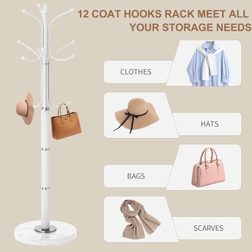 Coat Rack Stand,White Metal Coat Rack Freestanding with 12 Hooks | Modern Coat Rack with Natural Marble Base,Heavy Duty Coat Hanger Stand, Coat Hall Clothes Tree Stand for Office,Bebroom - color: White-12Hooks