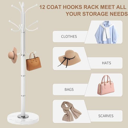 Coat Rack Stand,White Metal Coat Rack Freestanding with 12 Hooks | Modern Coat Rack with Natural Marble Base,Heavy Duty Coat Hanger Stand, Coat Hall Clothes Tree Stand for Office,Bebroom - color: White-12Hooks